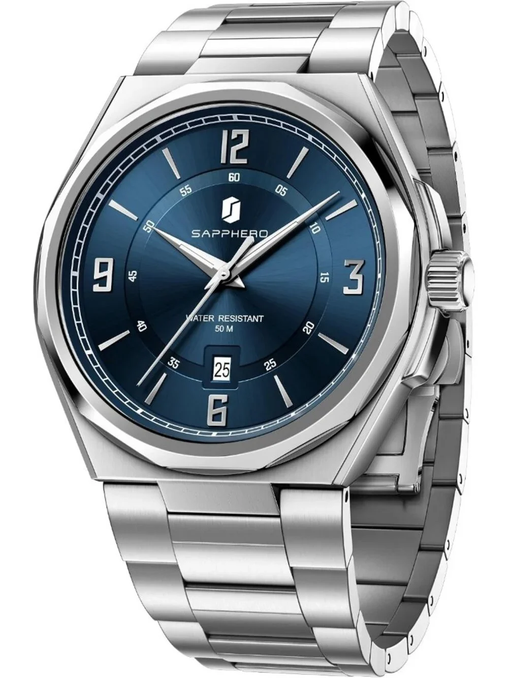 Men's Silver/Blue Numeral Dial Stainless Steel Strap Analog Quartz Wrist Watch